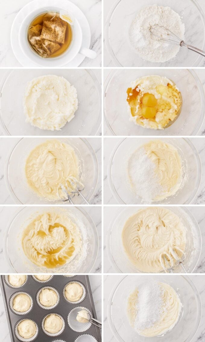 step by step photo collage of how to make chamomile cupcakes with honey buttercream frosting.