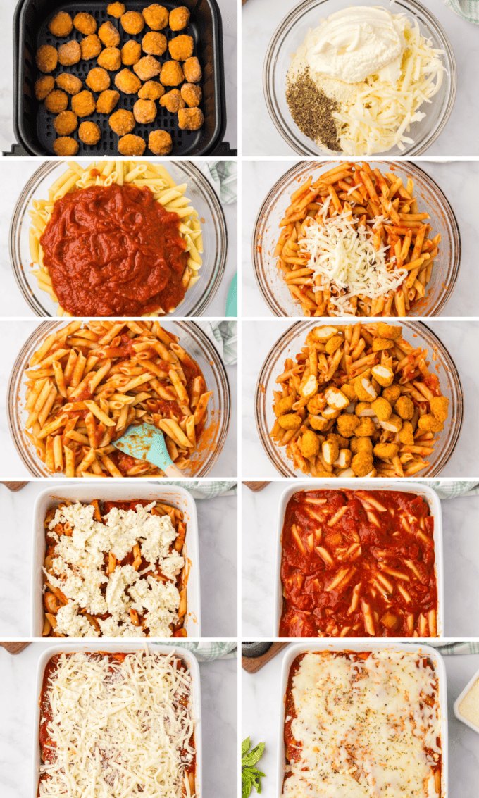 step by step photo collage of how to make chicken parmesan casserole.