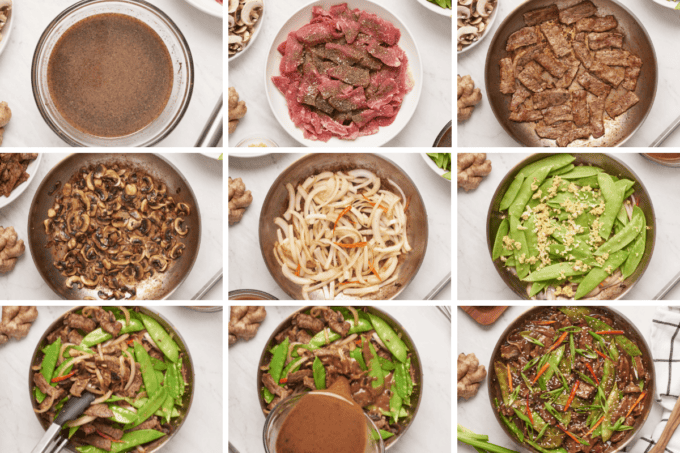 step by step photo collage of how to make black pepper beef stir fry.