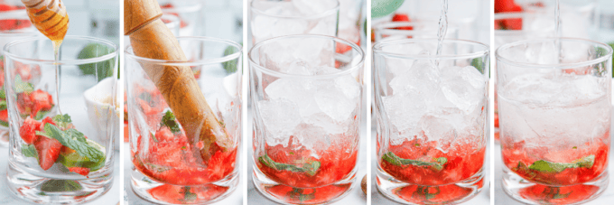 step by step photo collage of how to make strawberry mojitos