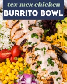 These chicken burrito bowls are a fun family dinner that can be made using a lot of leftovers, and parts of the recipe can be made ahead of time. This tex-mex recipe is also great for meal prep, and easy to customize to your tastes!