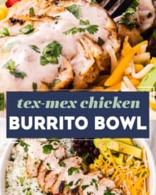 These chicken burrito bowls are a fun family dinner that can be made using a lot of leftovers, and parts of the recipe can be made ahead of time. This tex-mex recipe is also great for meal prep, and easy to customize to your tastes!