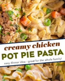 Creamy chicken pot pie pasta is the perfect marriage of a deliciously creamy pasta dish and a classic chicken pot pie. Perfect for a family dinner, this recipe is pure comfort in a bowl!