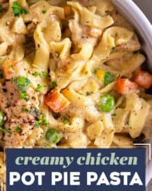 Creamy chicken pot pie pasta is the perfect marriage of a deliciously creamy pasta dish and a classic chicken pot pie. Perfect for a family dinner, this recipe is pure comfort in a bowl!