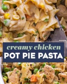 Creamy chicken pot pie pasta is the perfect marriage of a deliciously creamy pasta dish and a classic chicken pot pie. Perfect for a family dinner, this recipe is pure comfort in a bowl!