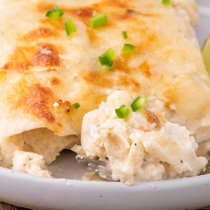 forkful of chicken enchiladas with creamy sauce