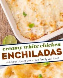 These creamy white chicken enchiladas are made with shredded chicken, smoky salsa verde, piled high with cheese, and smothered in a mouthwatering homemade spicy and creamy sauce, and baked to gooey cheesy perfection!