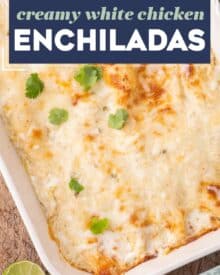 These creamy white chicken enchiladas are made with shredded chicken, smoky salsa verde, piled high with cheese, and smothered in a mouthwatering homemade spicy and creamy sauce, and baked to gooey cheesy perfection!