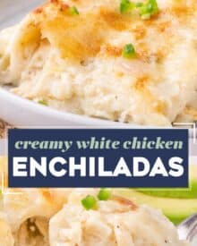 These creamy white chicken enchiladas are made with shredded chicken, smoky salsa verde, piled high with cheese, and smothered in a mouthwatering homemade spicy and creamy sauce, and baked to gooey cheesy perfection!