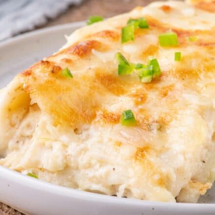 white chicken enchilada on a white plate, with some of the filling oozing out.