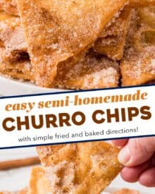 Everything you love about churros, in fun and snack-able chip form! These churro chips are perfect for dipping, or used as a base for some Mexican-style dessert nachos! With both fried and baked directions, you can find a method that works best for you.