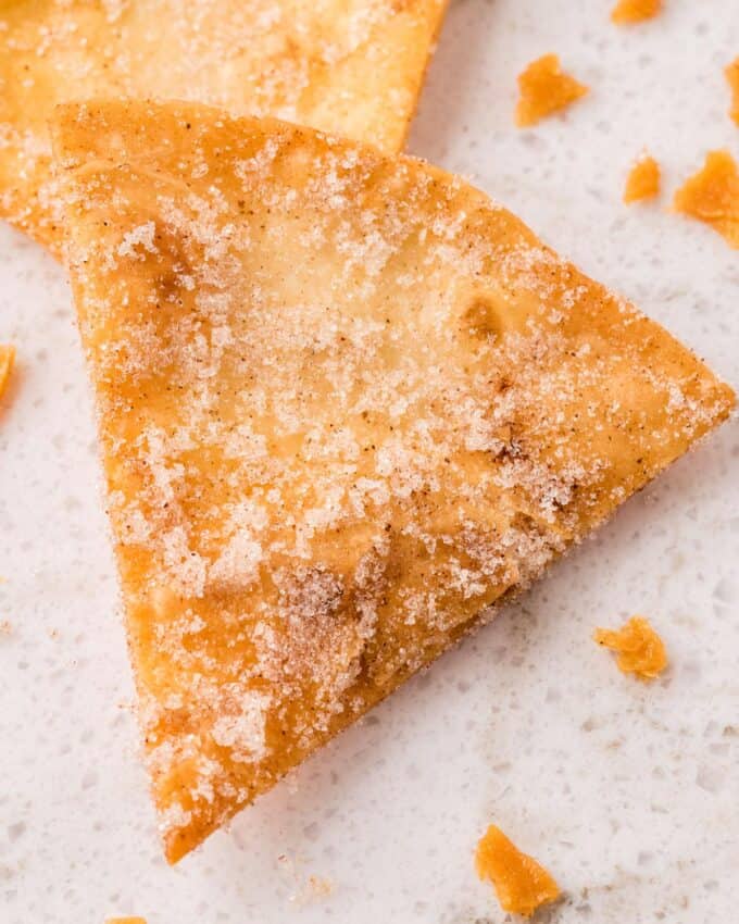 closeup photo of a single churro chip with cinnamon sugar.