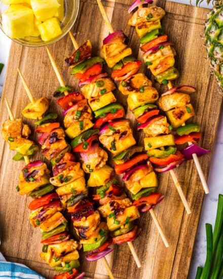 Chicken is marinated in a semi-homemade Hawaiian-style bbq sauce, then threaded onto skewers with peppers, pineapple, and onions, then grilled to perfection! Perfect for a summer dinner, and I've included oven directions as well.