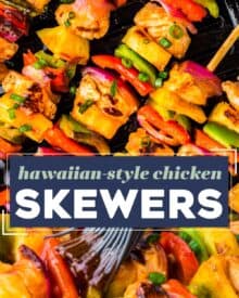 Chicken is marinated in a semi-homemade Hawaiian-style bbq sauce, then threaded onto skewers with peppers, pineapple, and onions, then grilled to perfection! Perfect for a summer dinner, and I've included oven directions as well.