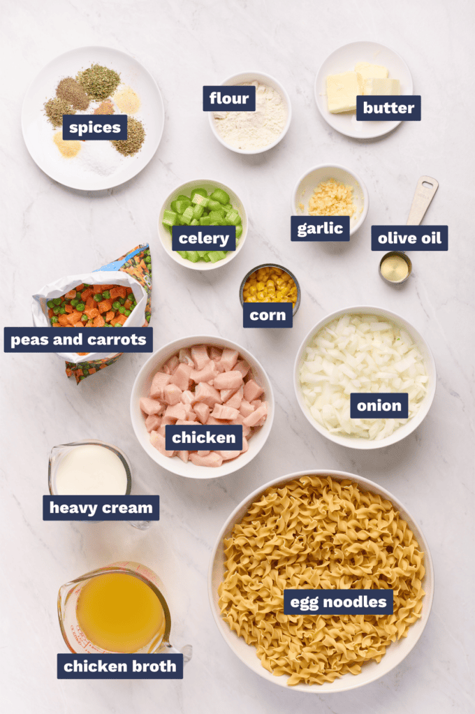 Ingredients needed to make chicken pot pie pasta