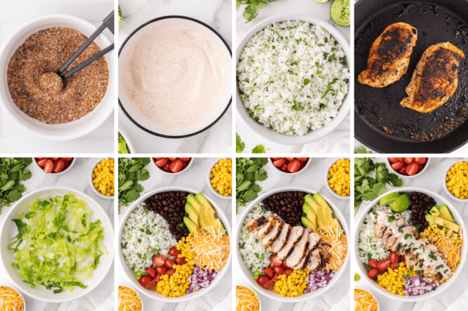 step by step photo collage of how to make a chicken burrito bowl.