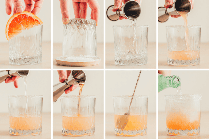 step by step photo collage of how to make a paloma cocktail.