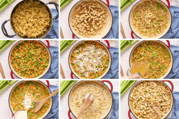 Step by step photos of how to make chicken pot pie pasta
