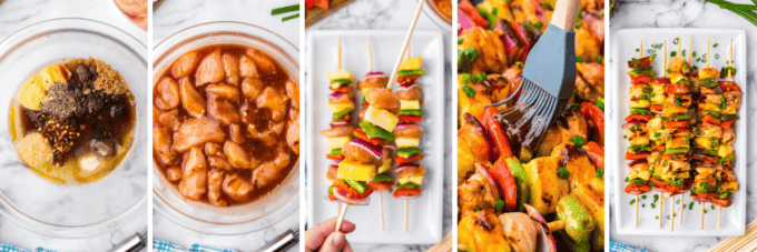 step by step photo collage of how to make hawaiian-style chicken skewers