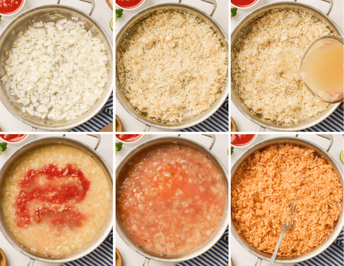 step by step photo collage of how to make mexican rice