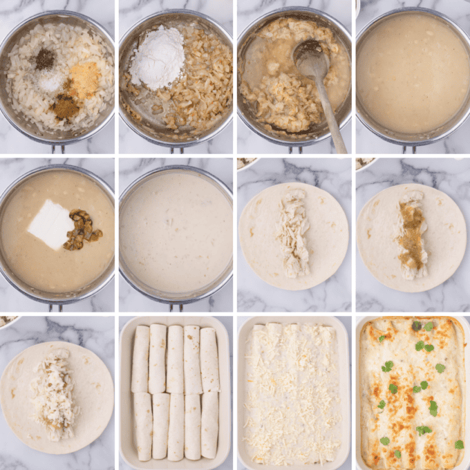 step by step photo collage of how to make white chicken enchiladas