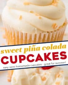 These piña colada cupcakes are the perfect blend of fluffy, soft, and moist. Topped with a swirl of vanilla buttercream frosting, and garnished with pineapple and a maraschino cherry, they taste like a sweet and coconut-y piña colada cocktail, and are perfect for Spring and Summer!
