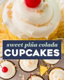These piña colada cupcakes are the perfect blend of fluffy, soft, and moist. Topped with a swirl of vanilla buttercream frosting, and garnished with pineapple and a maraschino cherry, they taste like a sweet and coconut-y piña colada cocktail, and are perfect for Spring and Summer!