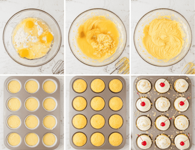step by step photo collage of how to make pina colada cupcakes