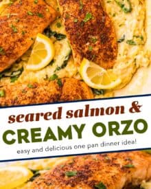 Juicy salmon seared in a pan, paired with a creamy spinach and parmesan orzo pasta, and all cooked in the same skillet! Perfect for a busy weeknight, yet fancy enough to serve to guests.