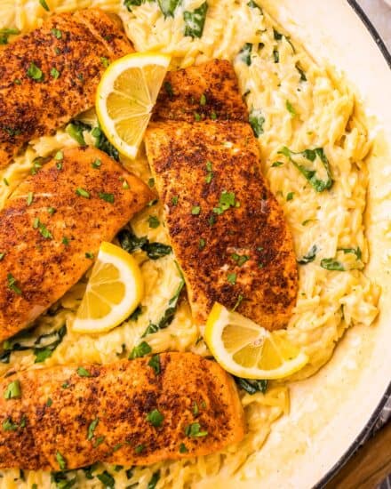 Juicy salmon seared in a pan, paired with a creamy spinach and parmesan orzo pasta, and all cooked in the same skillet! Perfect for a busy weeknight, yet fancy enough to serve to guests.