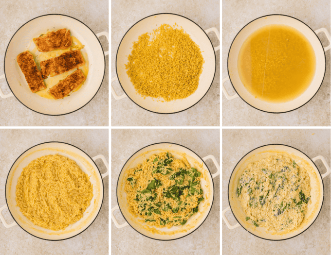step by step photo collage of how to make seared salmon and orzo pasta.