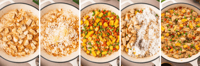 step by step photo collage of how to make chicken and pineapple fried rice.