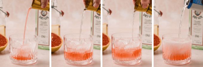 step by step photo collage of how to make a rosemary grapefruit gin fizz cocktail