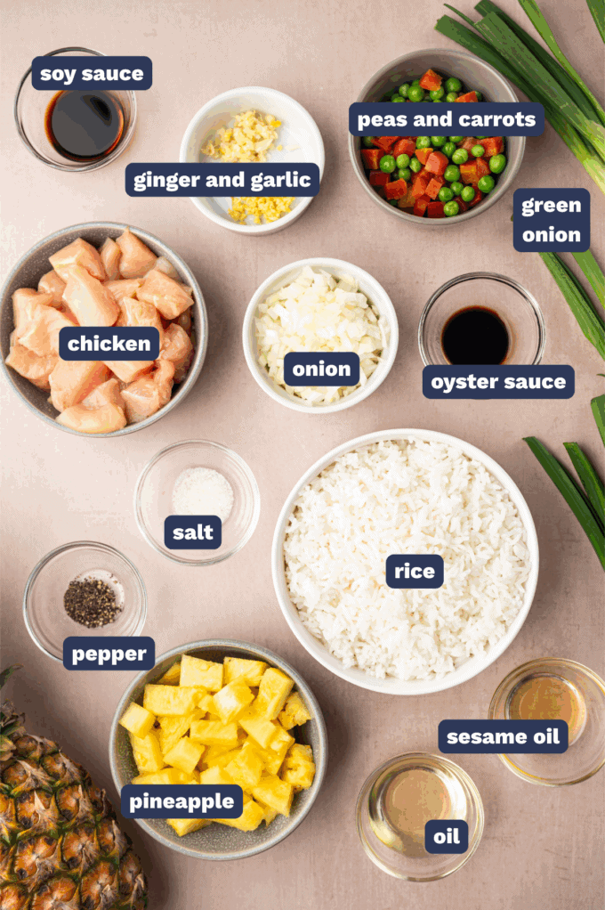 ingredients needed to make  chicken and pineapple fried rice