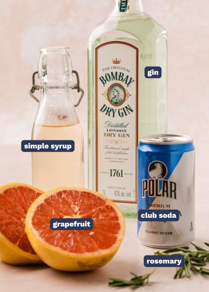 ingredients needed to make a rosemary grapefruit gin fizz
