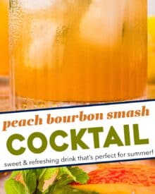This cocktail is the perfect blend of sweet and tart, with an earthy bourbon kick! The peaches add an amazing sweetness, and the cinnamon peach syrup is great to make ahead. Single serving and large batch recipes included!