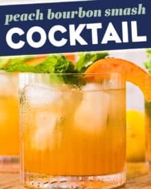 This cocktail is the perfect blend of sweet and tart, with an earthy bourbon kick! The peaches add an amazing sweetness, and the cinnamon peach syrup is great to make ahead. Single serving and large batch recipes included!