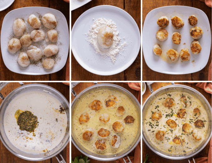 step by step photo collage of how to make scallops in a creamy pesto sauce.
