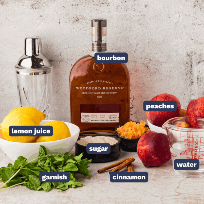 ingredients needed to make peach bourbon smash cocktails