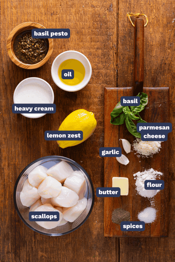 ingredients needed to make creamy pesto scallops