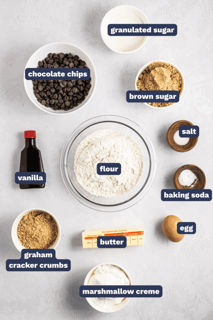 ingredients needed to make s'mores chocolate chip cookie bars.