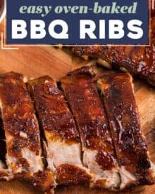 Tender and sticky bbq ribs, cooked right in your oven! Perfect for when the weather is bad, or if you don't have a grill or smoker, but you still crave some fall off the bone deliciousness!