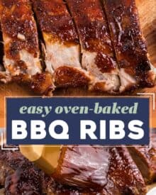 Tender and sticky bbq ribs, cooked right in your oven! Perfect for when the weather is bad, or if you don't have a grill or smoker, but you still crave some fall off the bone deliciousness!