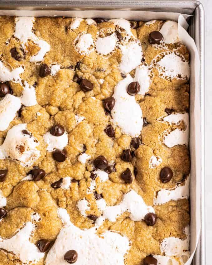 s'mores cookie bars in an aluminum baking pan