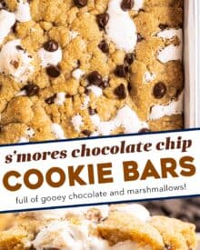 These s'mores chocolate chip cookie bars are chewy and soft, with a wonderfully ooey and gooey marshmallow layer in the middle, and crushed graham cracker crumbs in the cookie dough!