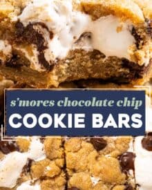 These s'mores chocolate chip cookie bars are chewy and soft, with a wonderfully ooey and gooey marshmallow layer in the middle, and crushed graham cracker crumbs in the cookie dough!