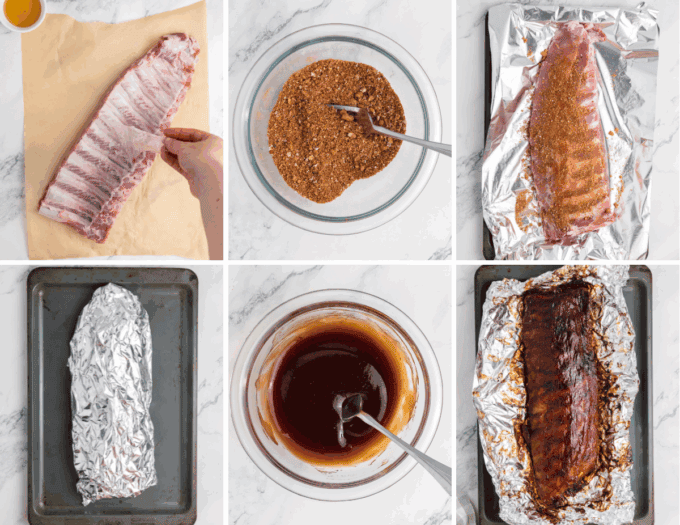 step by step photo collage of how to make oven baked bbq ribs