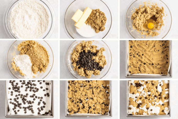 step by step photo collage of how to make s'mores chocolate chip cookie bars.