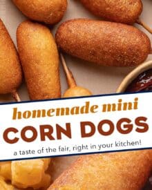 These homemade mini corn dogs are made with juicy hot dogs enveloped in a light and fluffy batter with a glorious touch of sweetness, that's fried until golden brown and crispy. Bring a taste of the fair home to your kitchen!