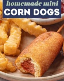 These homemade mini corn dogs are made with juicy hot dogs enveloped in a light and fluffy batter with a glorious touch of sweetness, that's fried until golden brown and crispy. Bring a taste of the fair home to your kitchen!